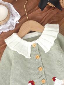 SHEIN Vintaside Kids 1pc Baby Girls' Pink Ruffle Collar Cardigan Sweater Jacket, Animal Embroidery Long Sleeve Casual Outerwear Baby Cardigan Baby Girl Cute Sweater Jacket Newborn Cardigans Baby Chicken Sweater Baby Rooster Cardigan Baby Chicken Cardigan Baby Farm Clothes Goose Baby Outfit Fall Winter - Green - View 4