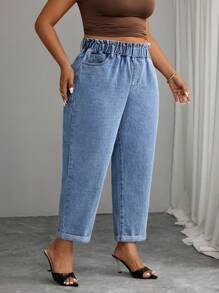 Elenzga 大码女式荷叶边口袋锥形休闲牛仔裤