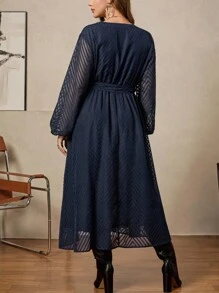 Zelara 大码女式休闲长袖连衣裙（腰带） - 藏蓝色 - 查看 3