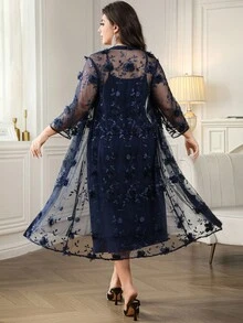 Reflora 大码 3D 花卉网眼开衫和吊带裙两件套 - 藍色 - 查看 2