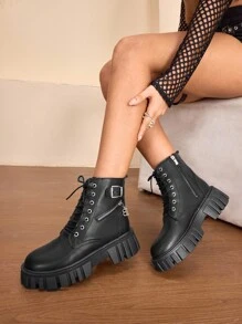 Daringsoles 女士扣环设计拉链厚底休闲踝靴，适合日常穿着 - 黑色 - 查看 2