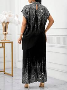 SHEIN Lady 2025 New Women's Elegant, Casual, Party, Commuting, Shiny, Mid-High-Neck, Asymmetrical, Loose-Fitting Short-Sleeved Top And Loose-Fitting Straight-Leg Trousers Two Pieces Set For Spring, Summer And Autumn Halloween  Chic Women's Dress  Party Dress