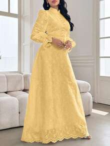 Modelyn 孔眼刺绣荷叶边袖长连衣裙 - 黃色 - 查看 5