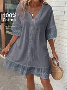 EMERY ROSE Rochie de vară pentru femei, mărime plus, cu decolteu în V, cu volane, mânecă scurtă, din dantelă, bleumarin