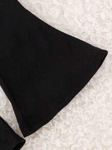 SHEIN Playful Pals 2 件装女婴夏季时尚简约可爱棕色长袖圆领连帽衫，带黑色蝴蝶结装饰，搭配黑色喇叭裤套装，适合日常穿着和拍照 - 棕色 - 查看 4