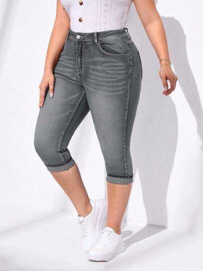 EURMUSE Plus Size Women High Stretch Casual Blue Denim 7/8 Pants