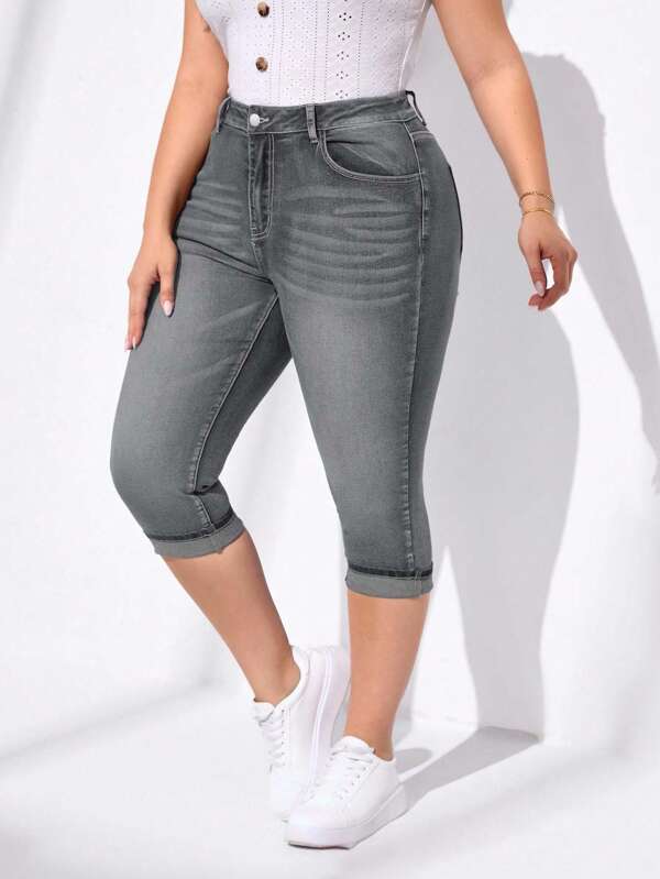 EURMUSE Pantalon décontracté en jean bleu stretch grande taille 7/8