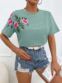 EURMUSE Áo thun cotton 100% thêu hoa, cổ tròn - Màu xanh Bạc hà - Xem 5