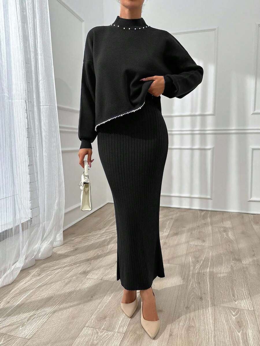 EURMUSE Mujer Suéter de cuello alto con detalles de rhinestone y hombros caídos + Vestido de suéter maxi de punto de cuello en V - Negro - Ver 1