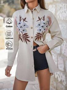 EURMUSE Áo sơ mi nữ thêu hoa vai trễ màu trơn 90% cotton - Màu be - Xem 1
