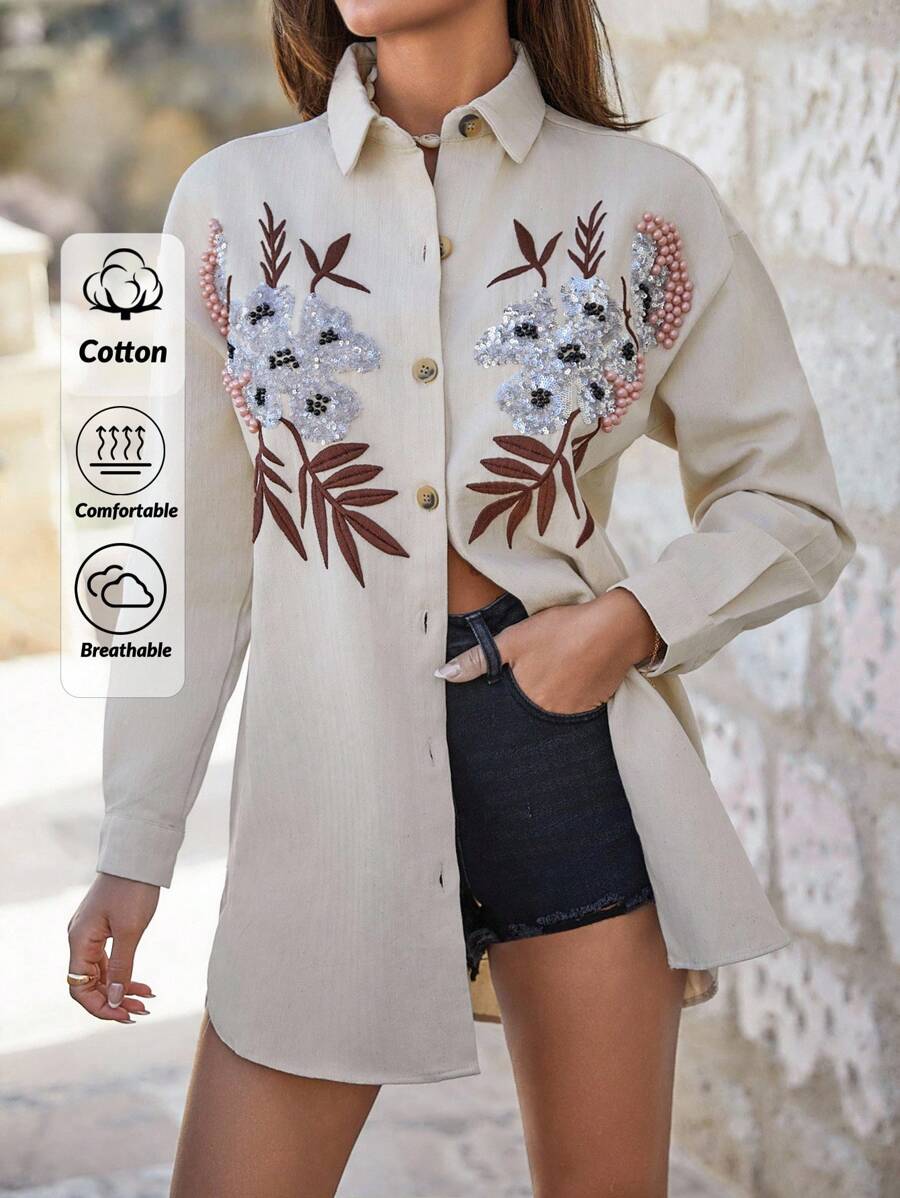 EURMUSE Áo sơ mi nữ thêu hoa vai trễ màu trơn 90% cotton - Màu be - Xem 1