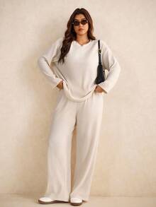 Elaquor 2pcs Plus Size Solid Color Drop Shoulder Long Sleeve Casual Loose Textured Fabric Top And Pants Set - Apricot - View 3