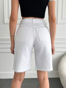 EURMUSE 100%Cotton Rigid, Hem Detailed Bermuda Short - White - View 2