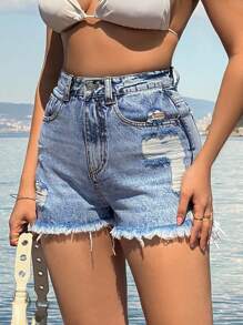 EURMUSE 100%Cotton Back Label Detailed Short With Destroy - Light Wash - View 7