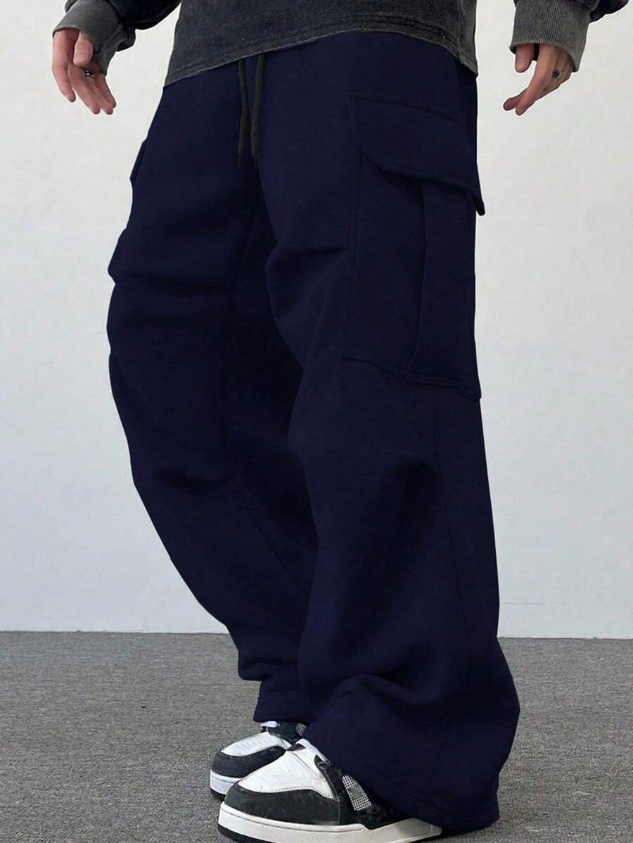 Claim Dot 男士纯色抽绳腰带口袋阔腿休闲运动裤 - 藏蓝色 - 查看 1