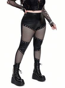 SHEIN Whyspr Quần legging cạp cao co giãn họa tiết Halloween Punk thường ngày bằng da PU co giãn cao cỡ lớn - màu đen - Xem 2