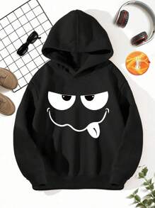 SHEIN Tween Boys' Casual Cute Cartoon Funny Ghoul Face Sketch Print Hooded Sweatshirt, Autumn/Winter Boy's Funny Hoodie Black Hoodie Fall