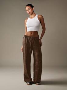 MISSGUIDED Quần Palazzo ống rộng có dây rút họa tiết, chất liệu vải lanh, mặc nhà, có cạp chun, hoàn hảo cho trang phục thường ngày mùa thu đông - Màu nâu Sô-cô-la - Xem 3