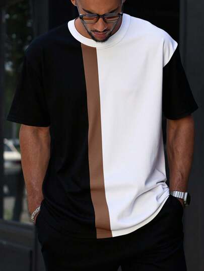 Manfinity Homme Plus Size Men's Casual Colorblock T-Shirt, Summer