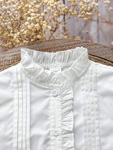 SHEIN 年轻女孩青少年女孩荷叶边领褶皱泡泡袖高低下摆法式衬衫，青少年女孩白色衬衫，可爱荷叶边生菜饰边，白色长袖衬衫纽扣衬衫长袖上衣长袖衬衫，秋冬季，非常适合休闲和日常穿着和学校日常，学院风格，返校 - 白色 - 查看 5