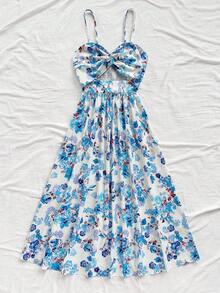 Soleia Abito casual da donna per vacanze, con stampa floreale all-over, con dettaglio a treccia e spalline a spaghetti, lunghezza media - Multicolore - Visualizzare 3