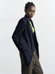 Maija 女士蓝色条纹长款休闲西装外套，秋季百搭都市风格，商务休闲女装，秋季，女士秋季 - 藏蓝色 - 查看 5