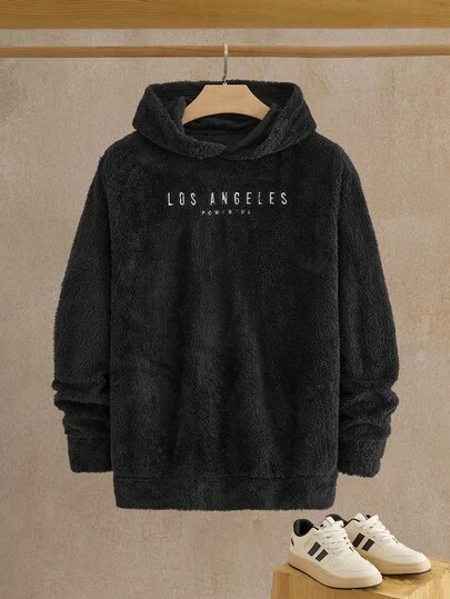 HIMLAND Herr Casual Stickad Korallfleece Hoodie Med Broderad Bokstav Päls Hoodie Herr Los Angeles Fuzzy Teddy Hoodie Fluffig Hoodie Los Angeles Plysch Teddy Hoodie, Höst Vinter