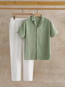 HIMLAND 2pcs/Set Men's Casual Shirt & Pants Set, 2 Piece Matching Vacation Set, Cozy Outfits