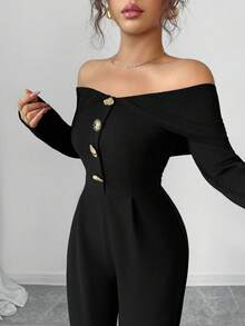 Modelyn 1 pieza Mono de manga larga con volantes y hebilla metálica off-shoulder para mujer - Negro - Ver 5