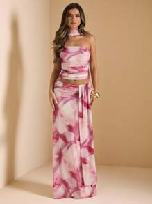 SHEIN BAE 秋季花卉吊带褶皱吊带背心和低腰褶皱雪纺长裙两件套，海滩度假装，女士演唱会礼服，婚礼伴娘两件套 - 彩色 - 查看 4