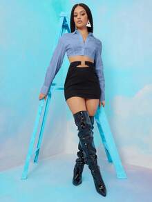 EURMUSE Áo sơ mi dài tay cài nút màu trơn đơn giản dành cho nữ - Màu xanh nhạt - Xem 5