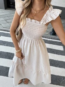 Breezaya 夏季假日长款格纹连衣裙，带荷叶边下摆，超长款女装 - 卡其色 - 查看 5