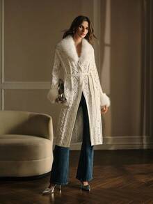 MOTF PREMIUM WOMEN'S FUR COLLAR RHINESTONE KNITTED BELTED CARDIGAN , AUTUMN/WINTER