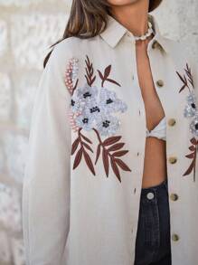 EURMUSE Áo sơ mi nữ thêu hoa vai trễ màu trơn 90% cotton - Màu be - Xem 5