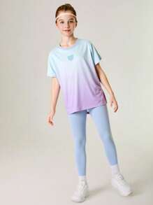 SHEIN Tween Girls 2pcs Set T-Shirt + Leggings, Yoga, Running, Workout Elastic Colorful Campus Street Fashion Sportswear - Blue - View 4