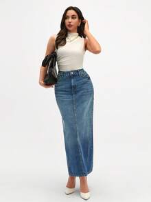 CLARA VERO Women's Pocketed Straight Loose Casual Long Denim Skirt - Dusty Blue - View 3