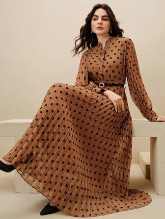 Anewsta Caramel Color French Polka Dot High Waist Slimming Pleated A-Line Dress For Women, Comes With Belt, Autumn