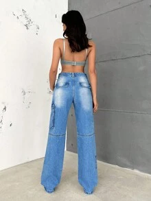 EURMUSE Medium Wash Cargo Jeans Stitch Detail - Medium Wash - View 2