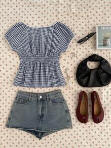 CovetEZ Navy Blue & White Plaid Woven Blouse For Women - Navy Blue - View 2