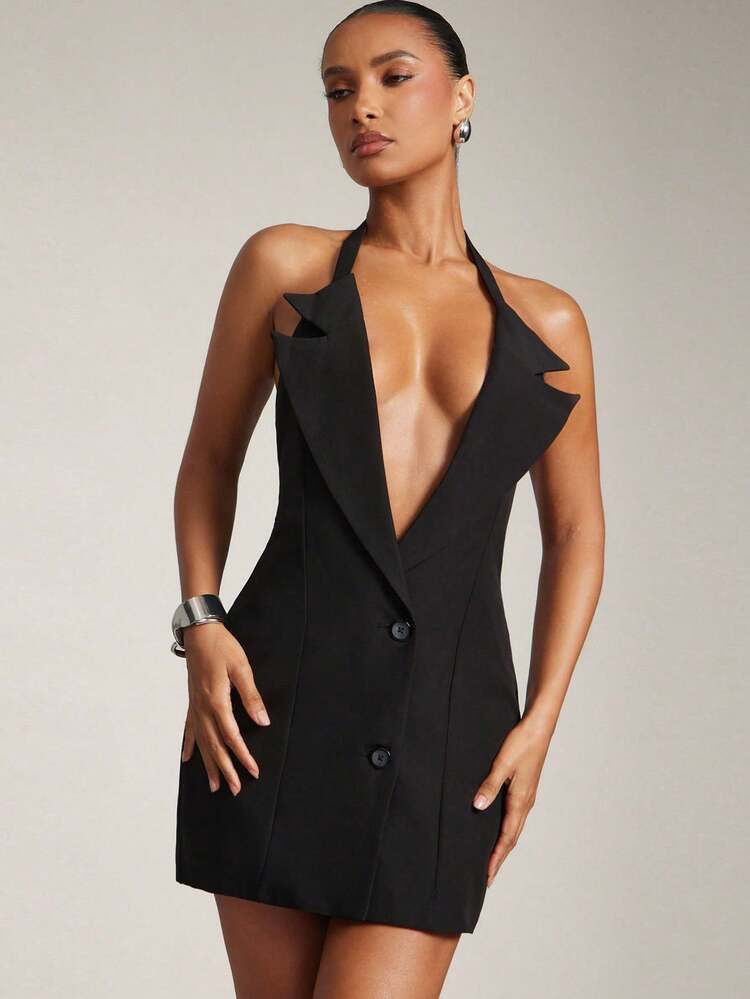 Hauture 女士性感办公室女士大翻领设计紧身西装外套风格迷你连衣裙，适合办公室休闲 - 黑色 - 查看 5