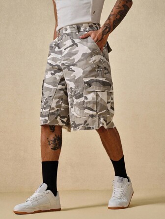 Street Life Camouflage Casual Wide Leg Pocket Button Men's Denim Shorts