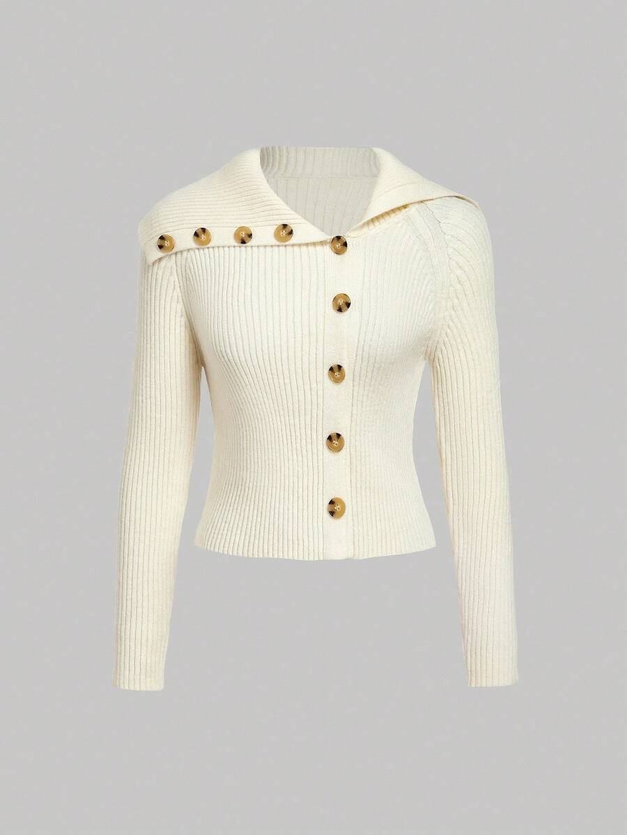 Skyraze Women's Asymmetrical Fitted Lapel Cardigan In Fall/Winter - White - View 1