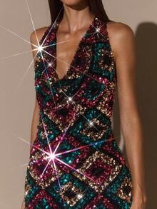 SHEIN BAE 纯黑色性感低胸露背优雅亮片连衣裙、小黑裙、鸡尾酒会、亮片黑色连衣裙、露背连衣裙、派对、万圣节、优雅连衣裙 - 黑色 - 查看 6