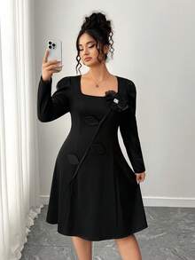 Elenzga Plus Size Women's 3D Floral Square Neck Long Sleeve Dress, Elegant, Soft, Retro, Luxury, Romantic Maxi Dress Fall Cloth For Women - Black - View 4