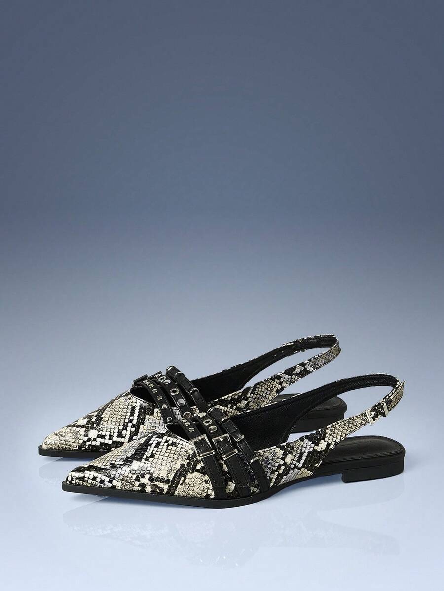 CUCCOO GRLICON New Pointed Toe Buckle Mule Flats Mary Jane Backless Sandals - Black - View 1