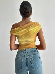 Firerie Women's Asymmetrical Neck Ombre Print Ruched T-Shirt, Asymmetric Shoulder Yellow Top, Suitable For Spring/Summer, Beach, Commute, Elegant, Sexy, Vacation, Bohemian, Hawaii, Music Festival, Romantic, Date - Yellow - View 2