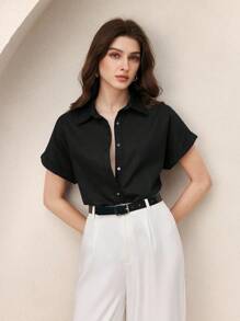 BizChic Áo sơ mi nữ màu đen cổ bẻ cài cúc phía trước, kiểu dáng cơ bản thường ngày cho mùa xuân/hè, dễ dàng phối đồ nhiều lớp. - màu đen - Xem 2