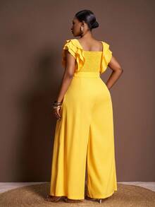 Veslaya 2025 新款女士曲线紧身连衣裤方领荷叶袖褶皱上衣高腰阔腿裤优雅裤套装 - 黃色 - 查看 4