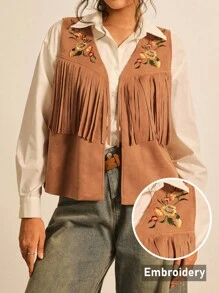 SHEIN LUNE Áo khoác vest tua rua thiết kế thêu hoa cỡ lớn cho nữ, áo vest kiểu Tây, áo vest tua rua cho nữ, quần áo kiểu Tây, quần áo mùa thu, trang phục công sở thường ngày cho nữ, áo khoác dạ hội tua rua, áo khoác da lộn tua rua cho nữ, trang phục Halloween cho nữ, áo khoác dài không tay màu lạc đà phong cách Boho, áo kiểu Tây, quần áo mùa thu cho nữ - màu nâu - Xem 3