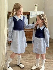 LMoss Kids LMoss 青少年女孩海軍藍白條紋長袖洋裝，可愛法式領口休閒校服裙，秋季返校青少年服飾 - 藍白色 - 查看 5